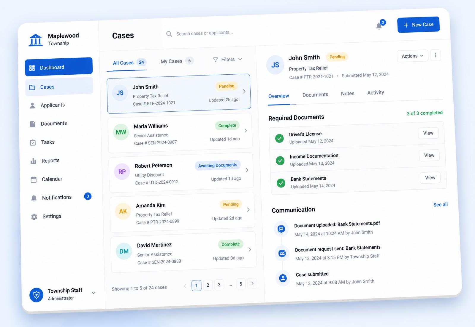 Township Docs case management dashboard with applicants, document checklist, and communication timeline